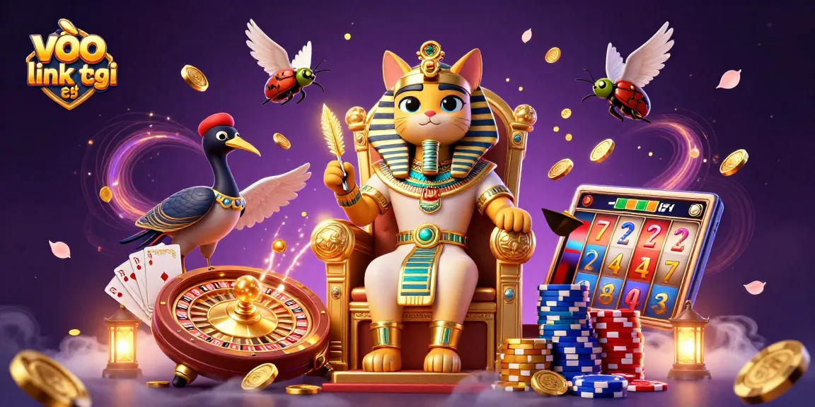 Engage with exhilarating casino experiences at vào link này, featuring a dynamic scene with an Egyptian pharaoh cat and vibrant gaming elements.