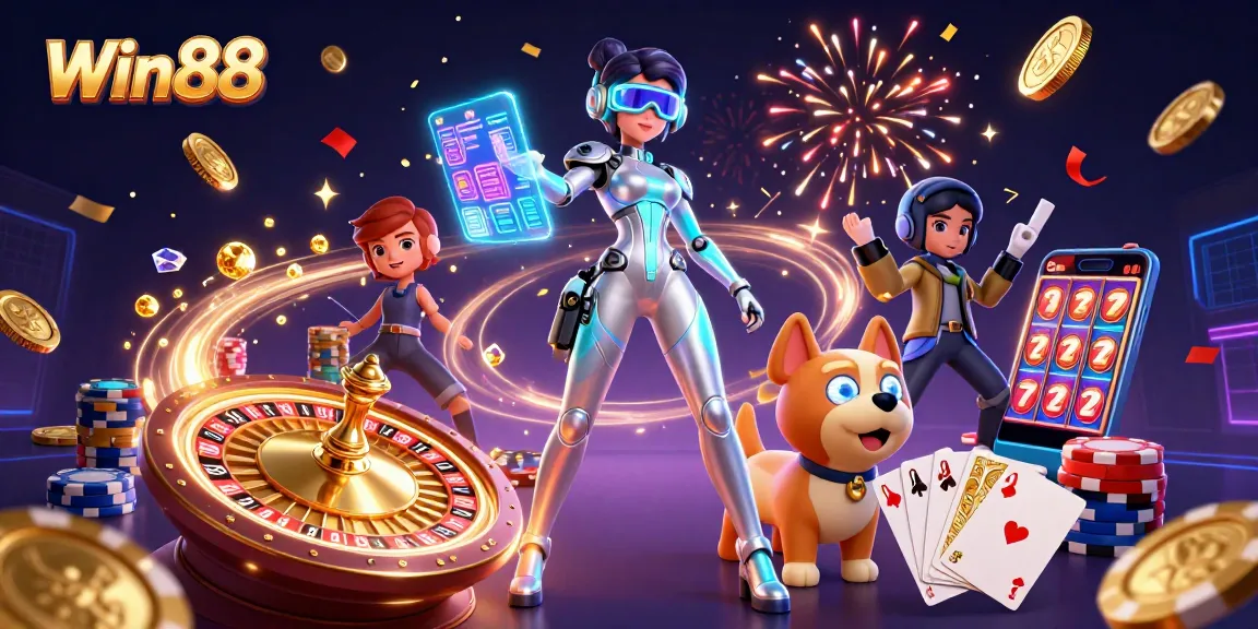 Win88 casino experience with a futuristic character and robot dog amidst vibrant gaming elements.