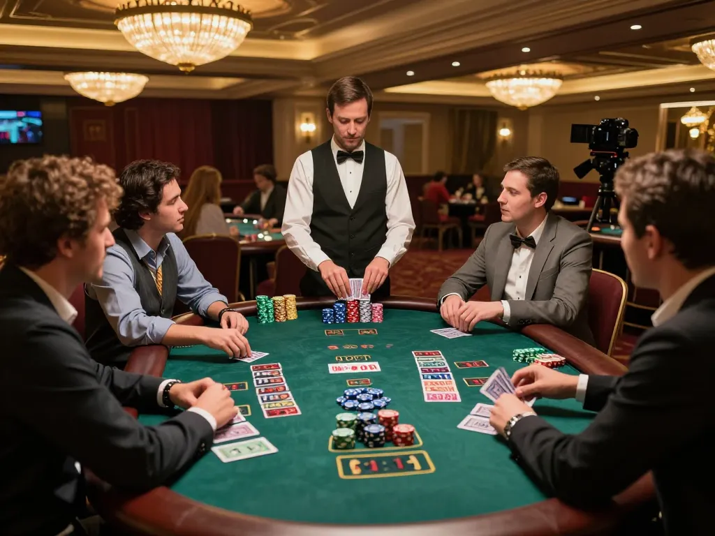 C191 blackjack players strategizing bets at luxurious casino table with warm lighting
