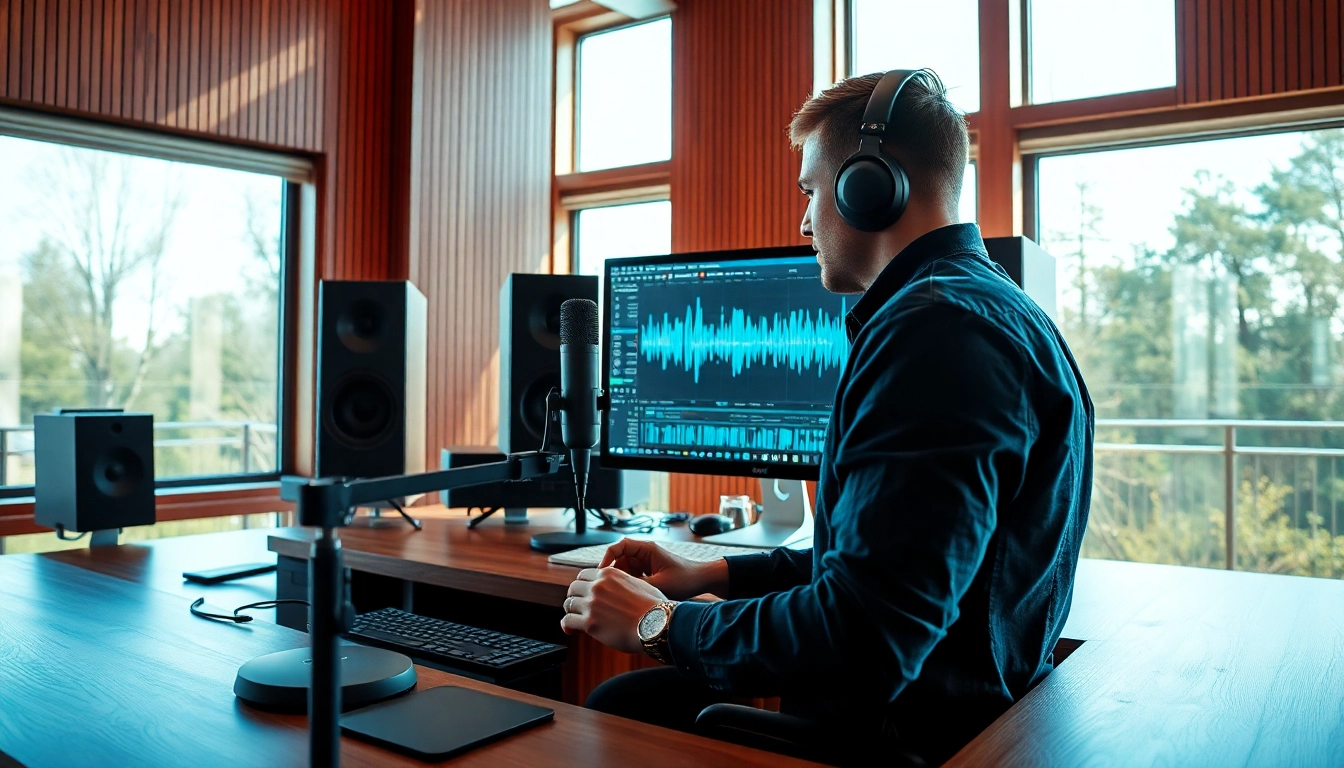 Engaging in online mastering while working with professional audio equipment in a modern studio.