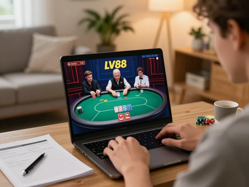 Gambler engaged in online poker on LV88, showcasing strategic notes and a cozy atmosphere.