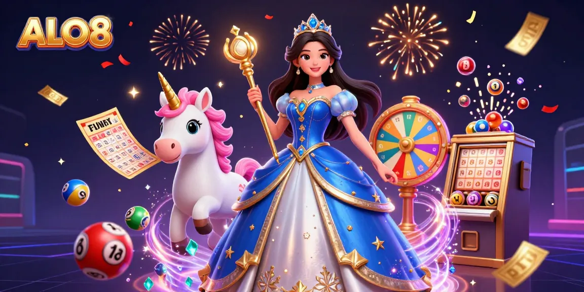 Experience winning moments at ALO8 with vibrant lottery elements and enchanting characters in a magical casino scene.