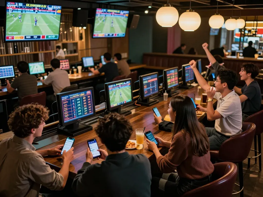 Place bets on live sports with 11BET in vibrant bar atmosphere, cheering patrons, and dynamic screens displaying odds.