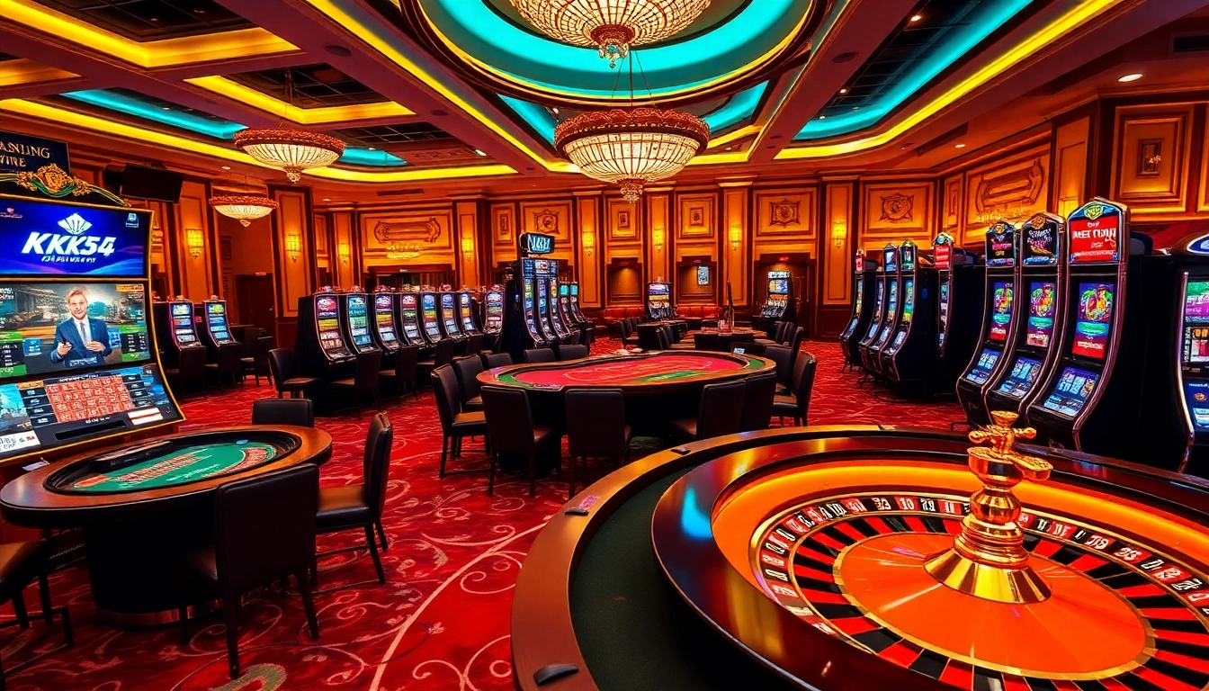 KK55 gaming experience with vibrant roulette and slot machines in a luxurious casino setting