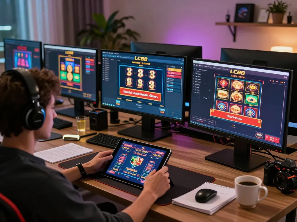 Engaged user exploring LC88 my gaming options on a modern tablet at home, showcasing immersive online gambling experience.
