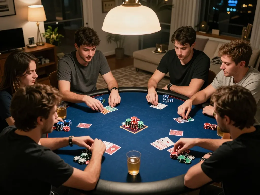 Engaged friends enjoying poker at home showcasing the trusted experience of Nhà Cái SC88 uy tín.