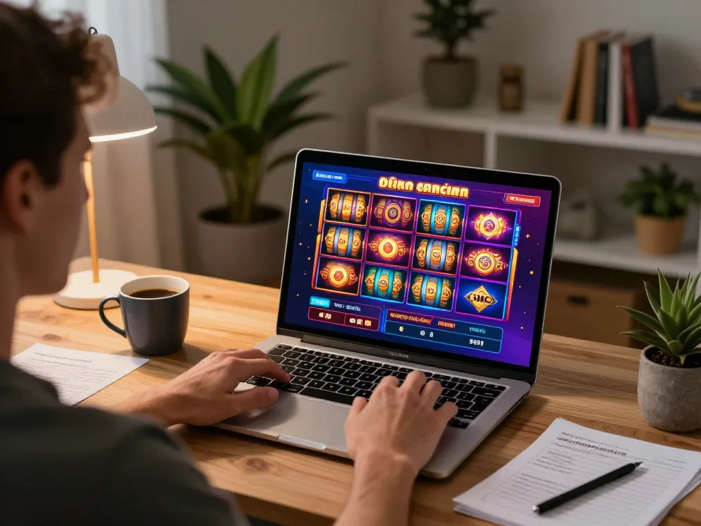 Playing pokies Australia online at home with vibrant slot game interface and betting notes.