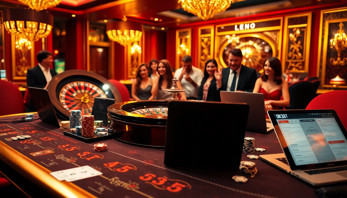 Players enjoying a thrilling game at ok365t.fit with vibrant casino tables and roulette wheel.