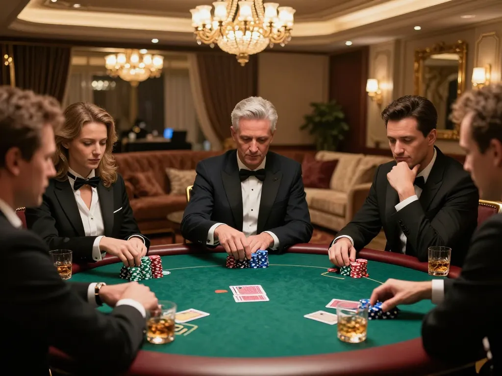 DABET players engaged in an elite poker game, showcasing strategic gameplay and a luxurious atmosphere.
