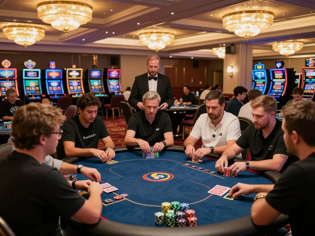 32win players engaged at high-stakes poker tables, showcasing intense focus and strategic gameplay in an upscale casino