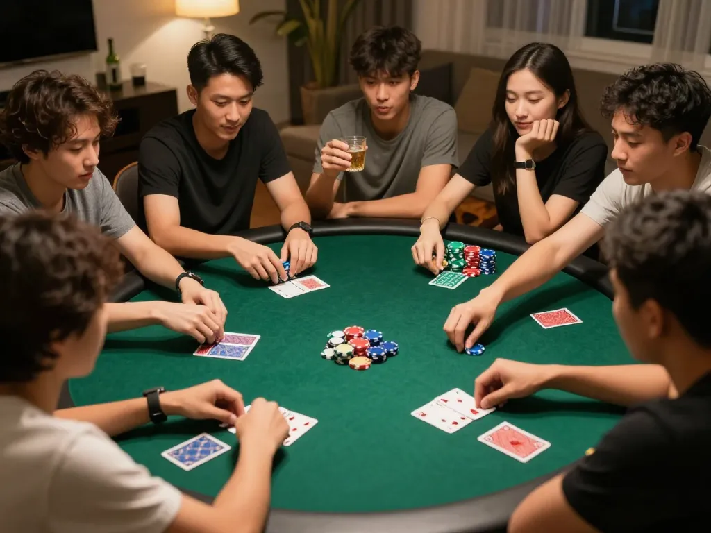 Friends engaged in a lively poker game, illustrating the thrill of rikvip home gaming events