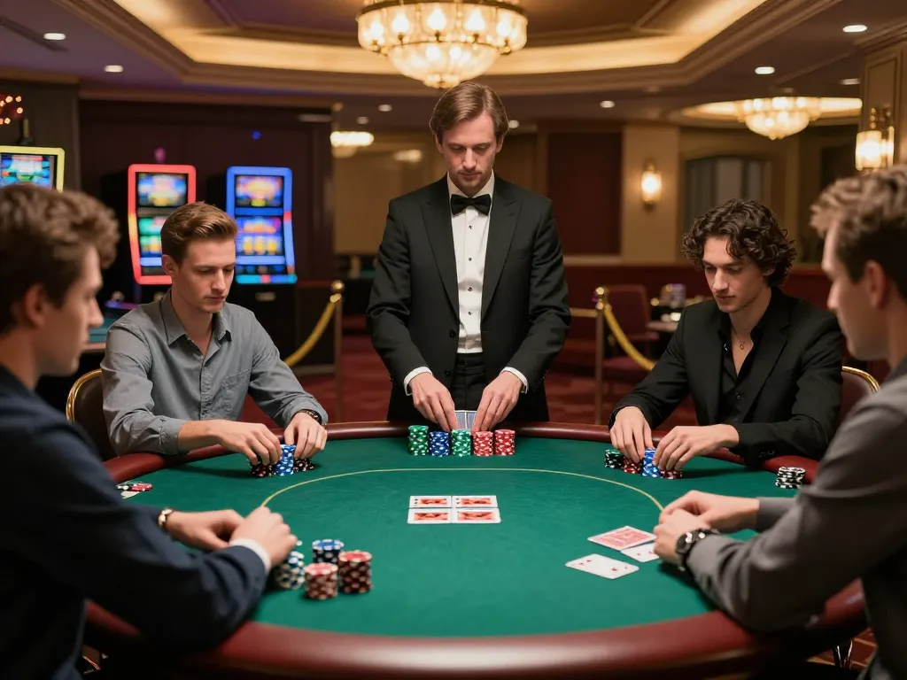 SKY88 poker players strategizing their bets at a luxury casino table under warm lighting.