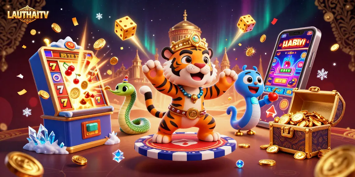 Experience LAUTHAITV in an energetic casino-themed scene featuring 3D characters and vibrant game elements.