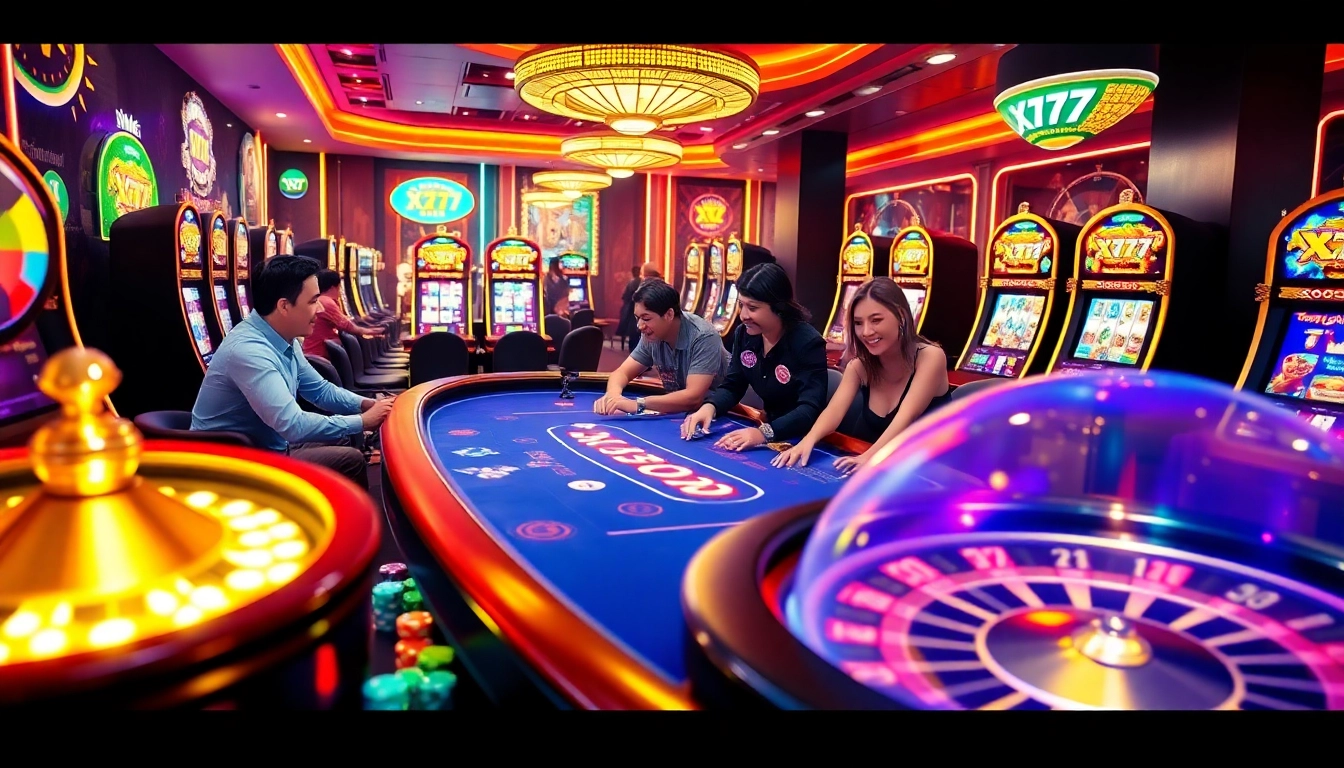 X777 casino table with vibrant games, players enjoying poker and slots.