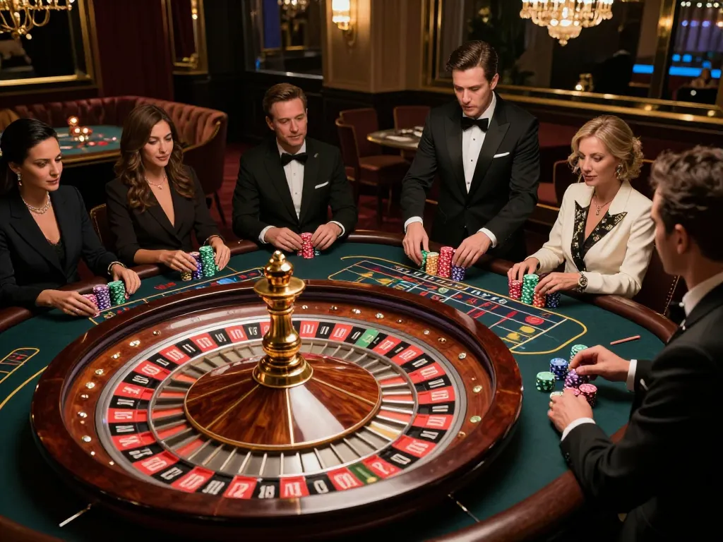 vt88 players placing bets at an elegant roulette table in a luxurious casino setting