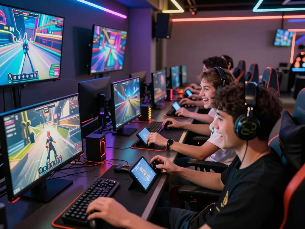 Exciting BL555 online gaming scene with diverse players engaged in a high-tech lounge environment.