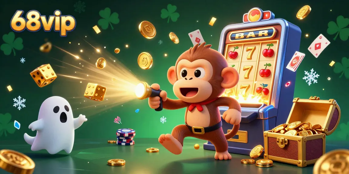 Engage with 68vip through a lively scene of a playful poltergeist monkey and ghost-hunter puppy in a vibrant casino.