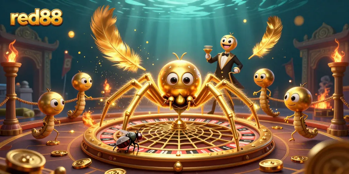 Experience the thrill of red88 as a spider spins a roulette wheel web in a vibrant casino setting.