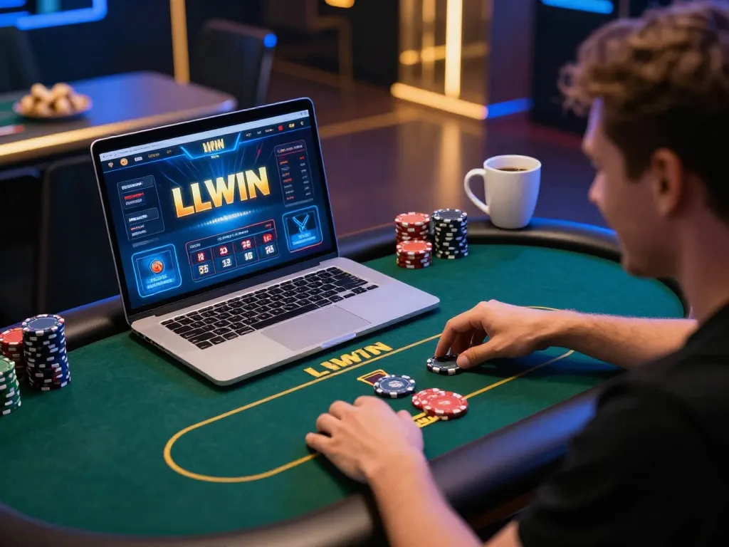 Engaged player using LLWIN for online poker betting in a cozy home setting.