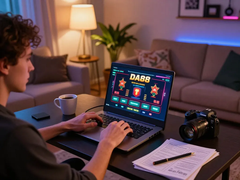 Player using DA88 online casino platform on laptop at home, showcasing a strategic gaming environment.