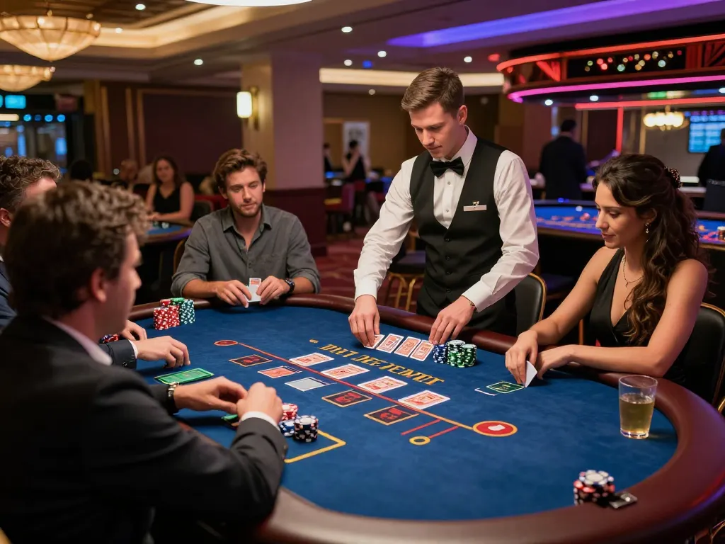 FLY88 players strategize at a blackjack table in a lively casino atmosphere