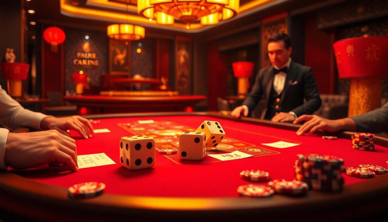 Engaging scene of players betting on tài xỉu, showcasing lively gaming elements and immersive casino atmosphere.