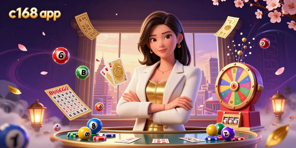 Experience the thrilling c168 app with vibrant lottery elements and a powerful businesswoman character.