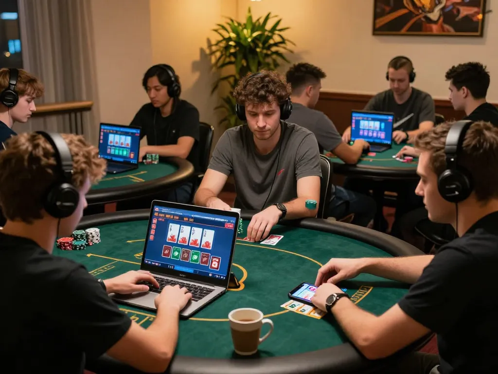 Engaged players enjoying an online poker game on 789 win, showcasing vibrant card gameplay and cozy atmosphere.