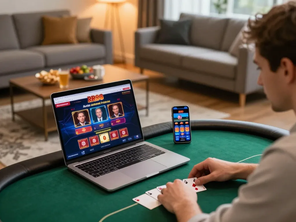 RR88 user engaged in online gaming, showcasing a laptop and smartphone with casino interface in a cozy setting
