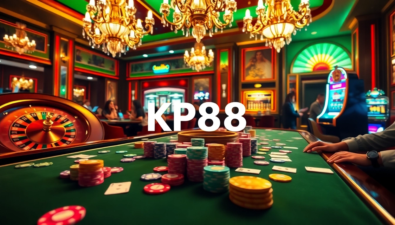 Players enjoy thrilling games at KP88's luxurious casino, with poker chips and a spinning roulette wheel.