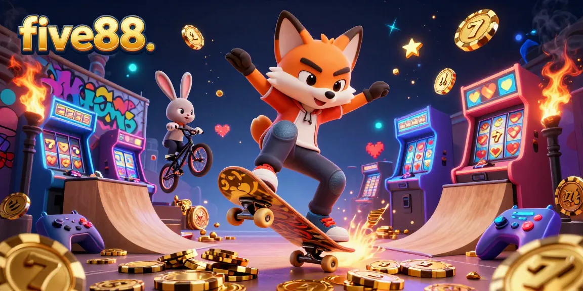 Experience the excitement of five88. casino with animated characters in a lively slot gaming scene.