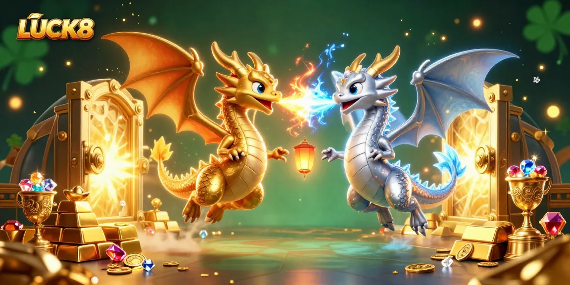 Experience the excitement of LUCK8 with vibrant dragons and treasure in a 3D casino illustration.