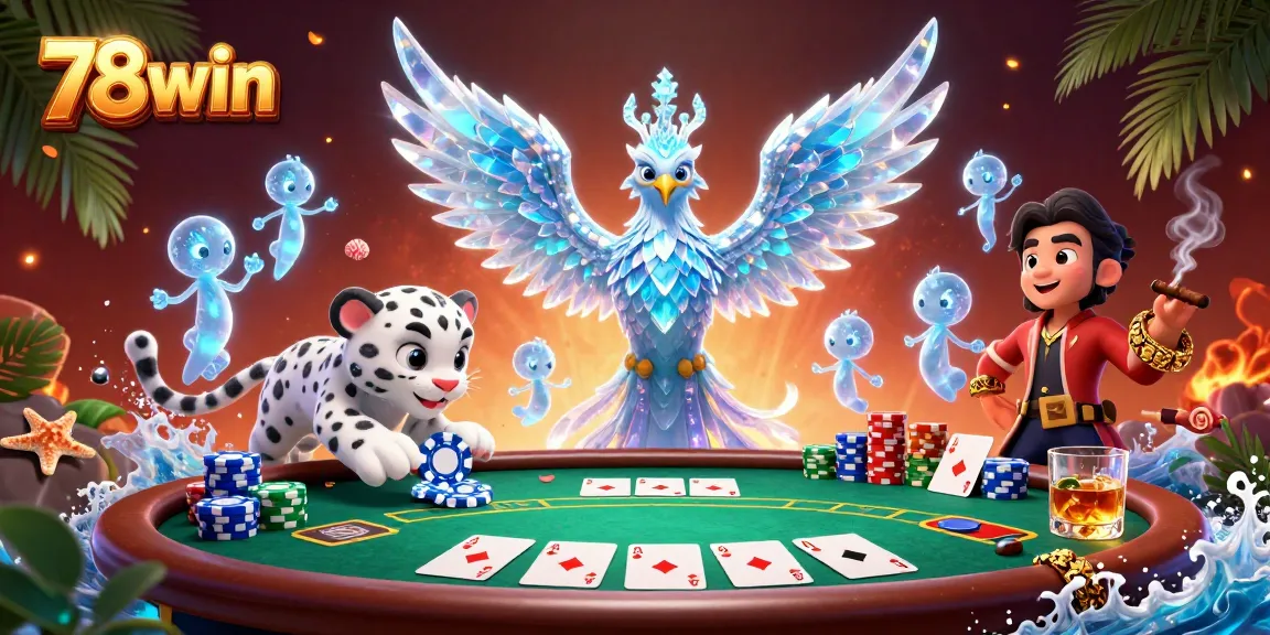 Engage with 78win's vibrant casino scene featuring characters and poker elements.
