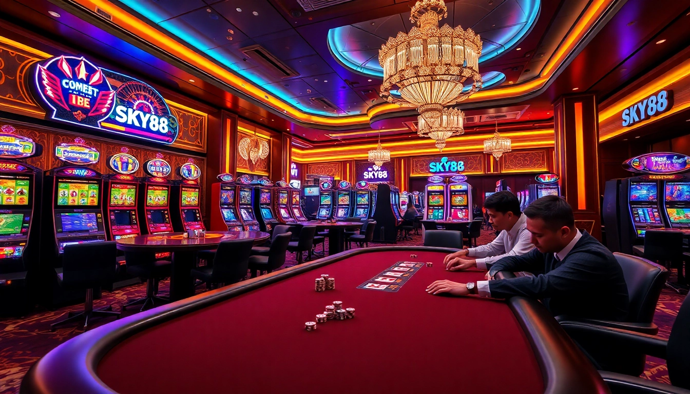 SKY88 players enjoying a thrilling poker game at an upscale casino table.
