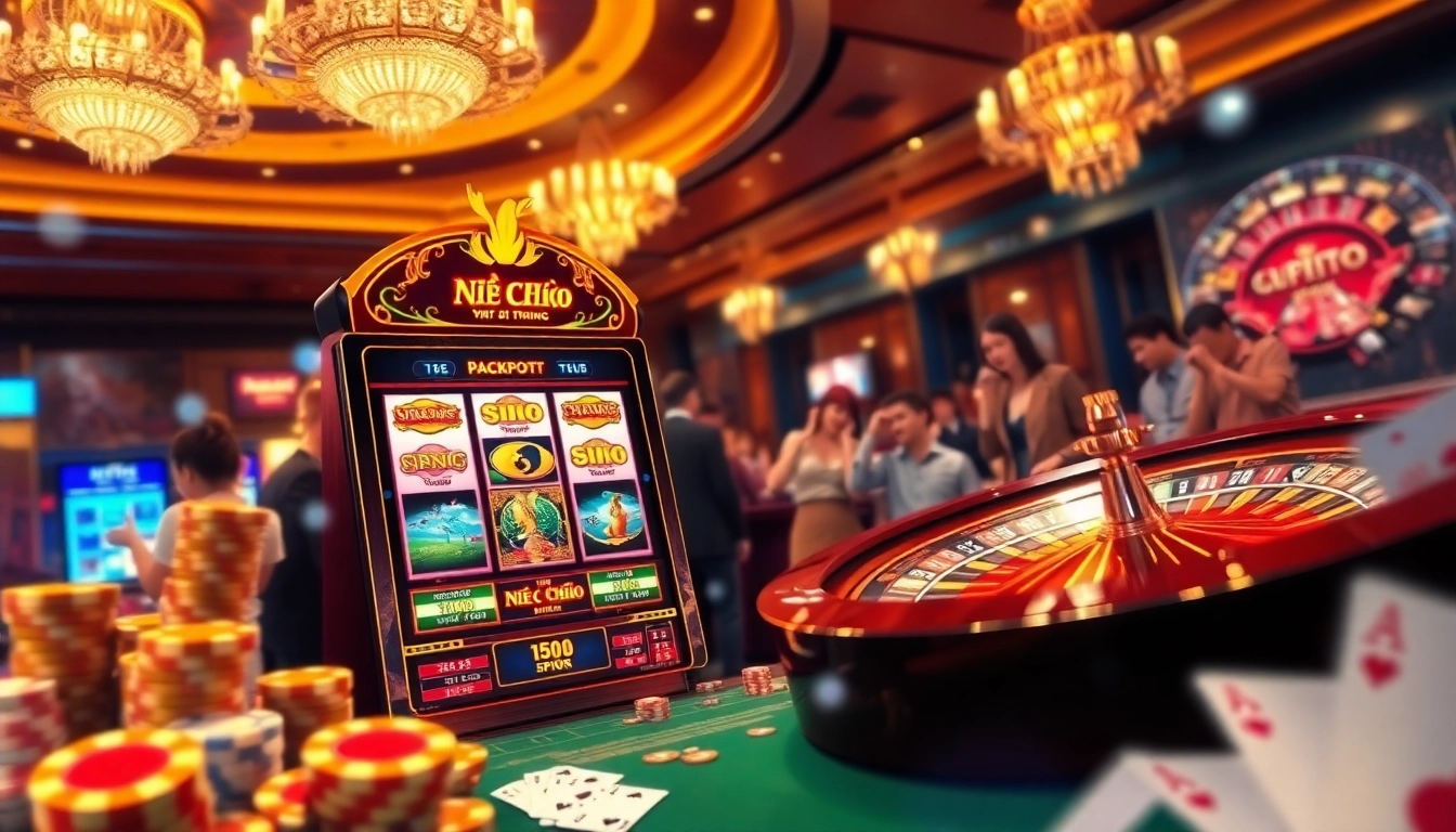 Nổ Hũ Đổi Thưởng slot machine surrounded by poker chips and cards in an exciting casino scene.