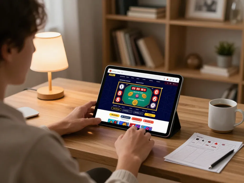 Engaged player using ALO8 casino app on tablet in a cozy home office environment.