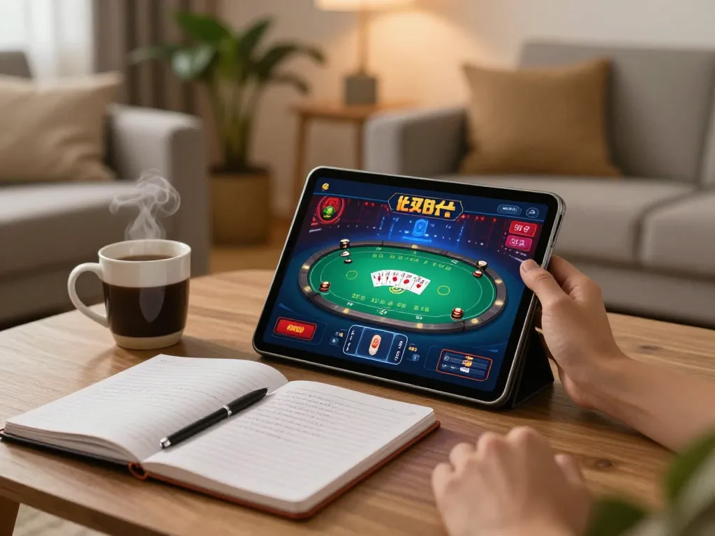 Player using tablet for online gambling on o8net3 with poker game displayed, cozy atmosphere.