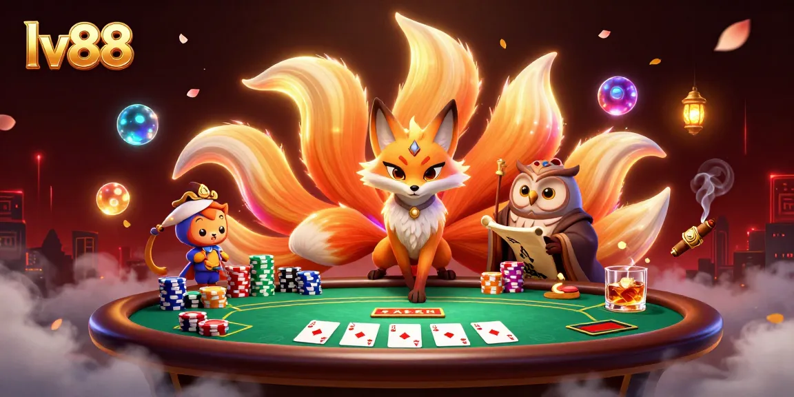 Experience vibrant gaming with lv88 as colorful spirits play poker under a mystical sky.