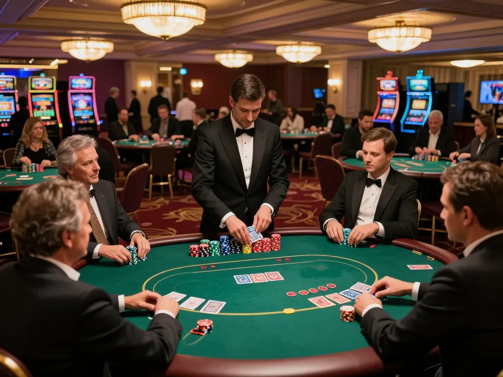 Players strategizing at a LUCKS8 poker table in a luxurious casino environment.