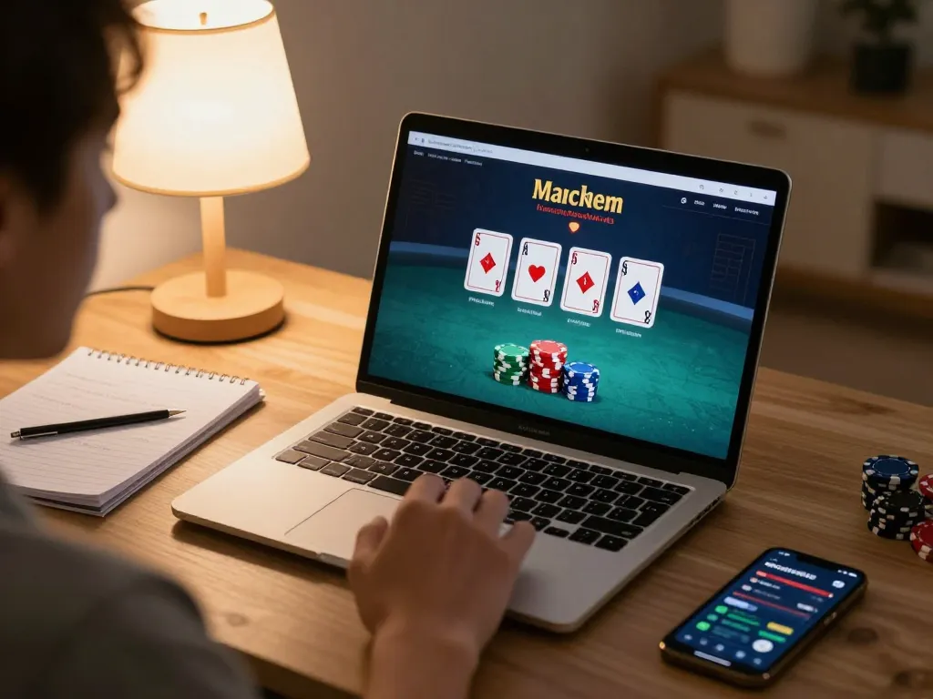 Player strategizing on qq88 poker game interface while managing chips and notes at home.