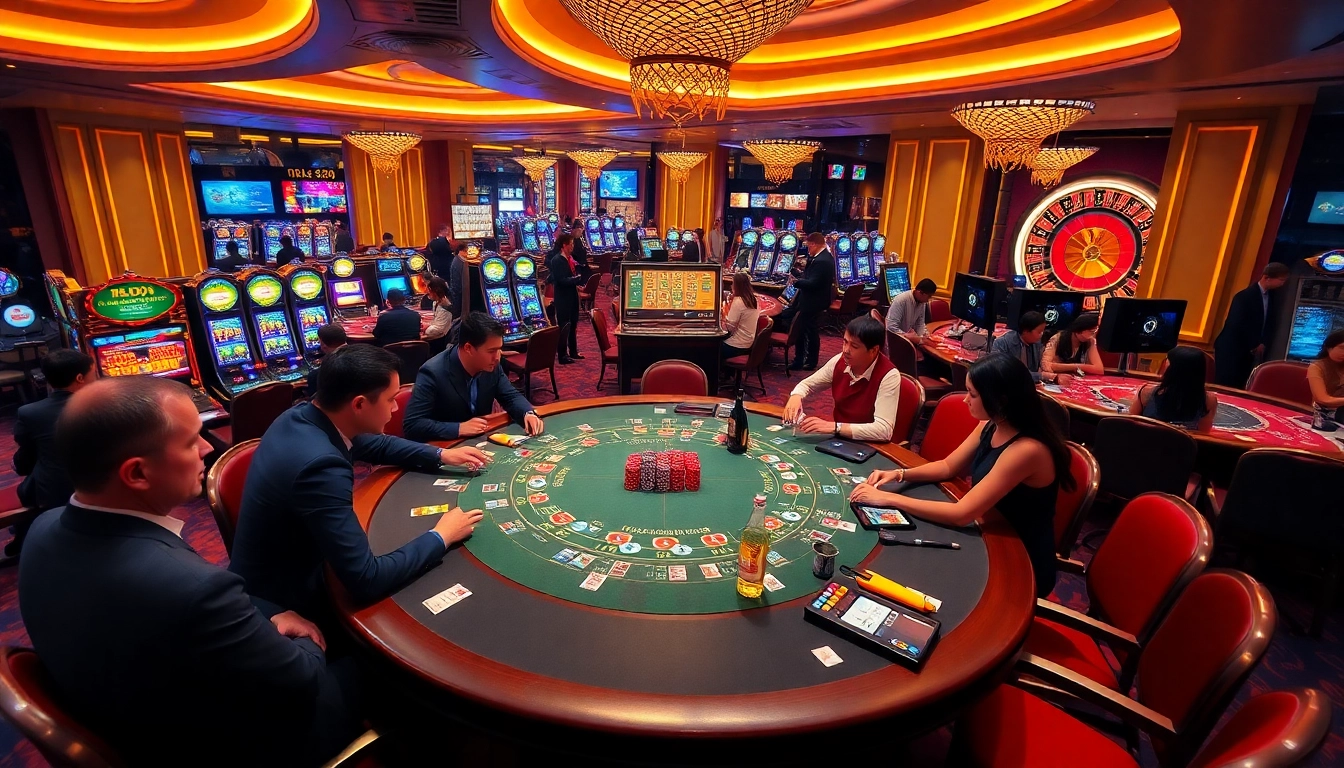 Players enjoying thrilling games at the casino with tr88, featuring poker tables and vibrant slot machines.