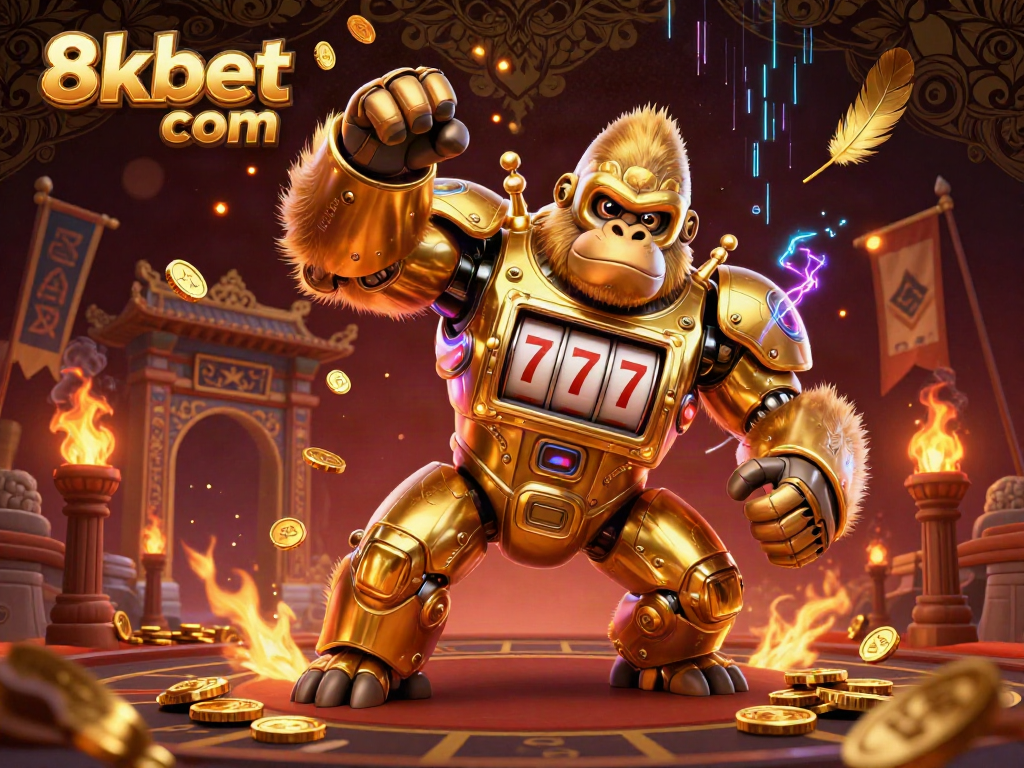 Experience excitement at 8xbet com with a dynamic golden gorilla mech, showcasing slot machine features and explosive winnings.