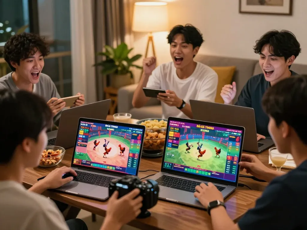 Viewers engaged in Đá Gà Thomo live streaming on laptops during a thrilling chicken fight event.