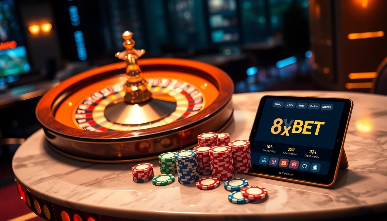 Experience the elegance of OXBET with poker chips and a roulette wheel in a luxurious casino.