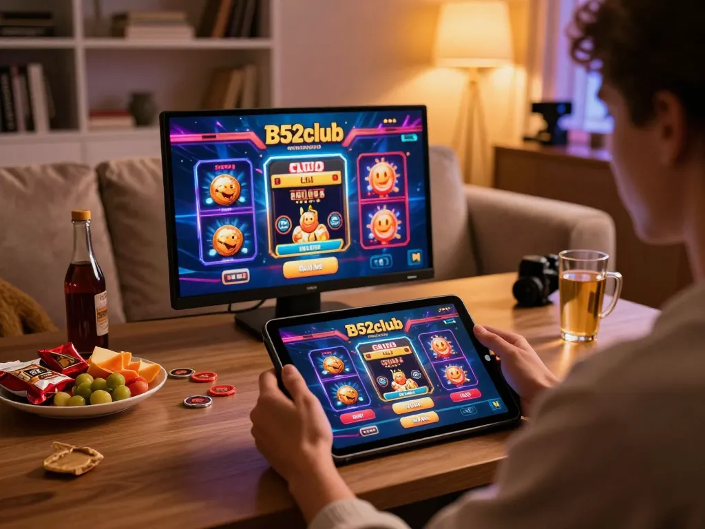 B52club player engaging in online gaming with vibrant casino game display.
