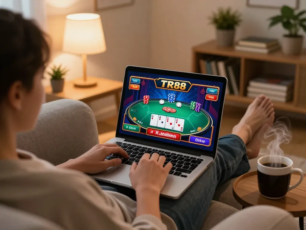 Engaging online gaming session with TR88 displaying poker gameplay on a laptop, cozy home atmosphere.