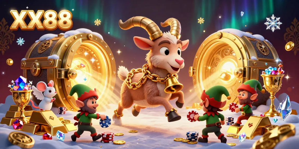Experience the whimsical chaos at the XX88 casino, where a Krampus goat, angel mouse, and elf gremlins interact amid treasures and excitement.