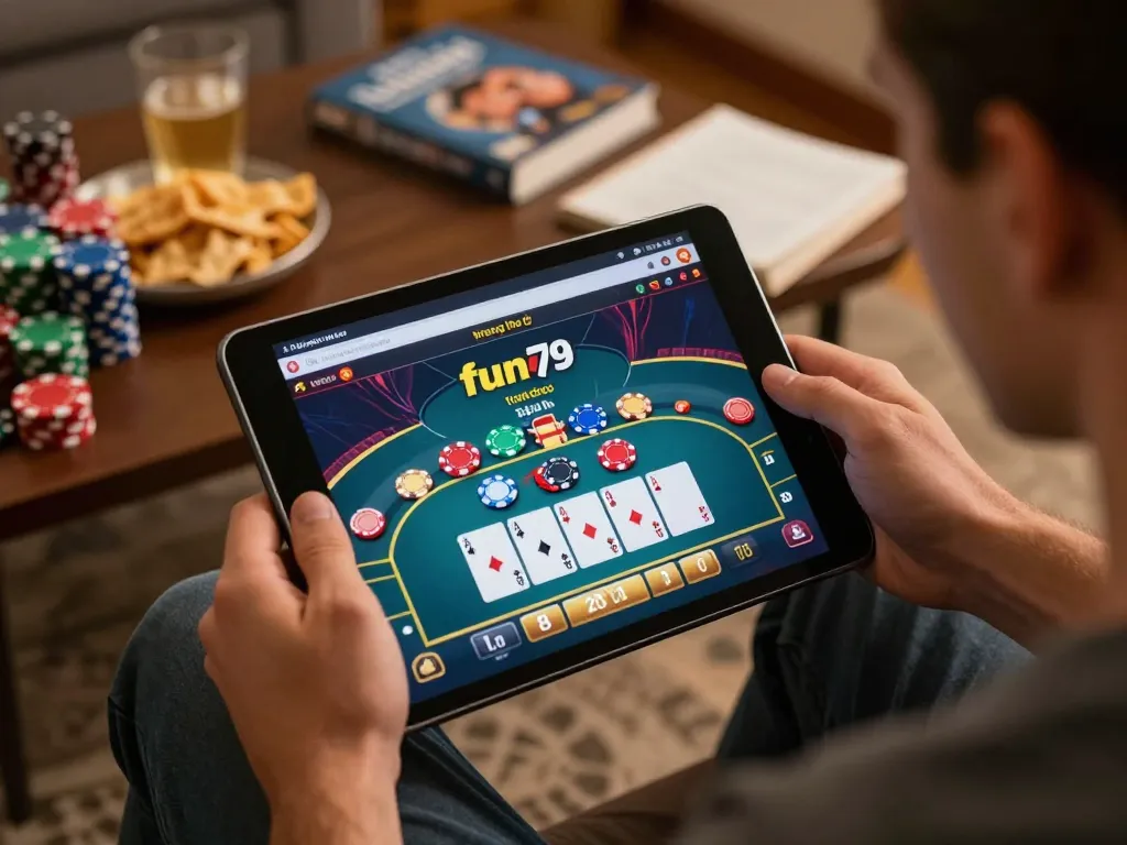 Player exploring the interactive features of the trang chủ fun79 online casino while enjoying a cozy home atmosphere.