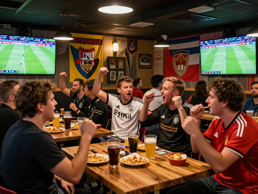 Excited fans enjoying kèo bóng đá đức at a lively sports bar during Bundesliga matches.