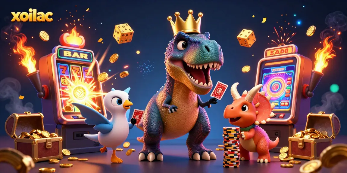 Engage with exciting casino action on xoilac with vibrant T-Rex and colorful slot machines.